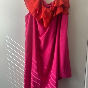 Hot Pink One Shoulder Ruffle Dress Statement Cocktail Party Dress